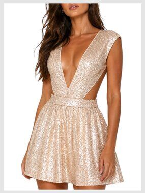 Mustard Seed Dancing Queen Champagne Sequin Mini Dress Deep V Cutout S